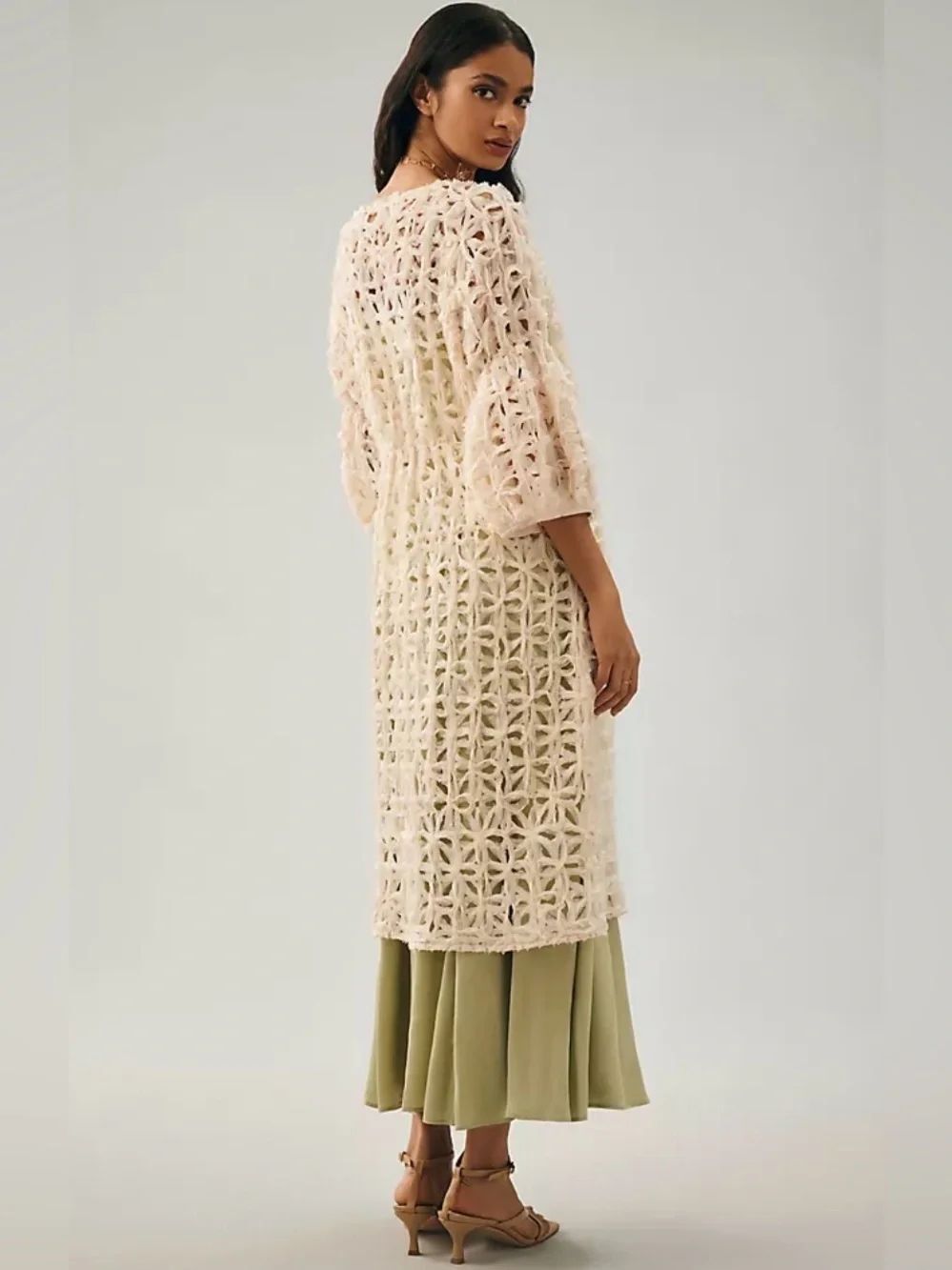 Anthropologie Maeve Textured Cut-Out Duster long Cardigan Beige Open Knit OS